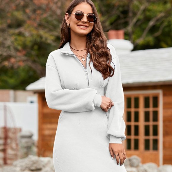 Half Zip Collared Neck Slit Midi Dress - Picture 1 of 7